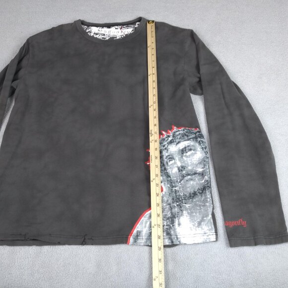 Dragonfly Jesus Graphic Long-Sleeve Tee Distressed Edges XL Cotton Mens Y2K - Picture 10 of 16